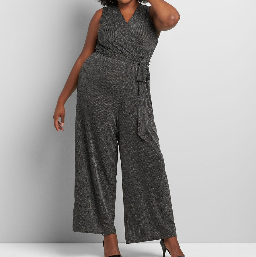 CROSSOVER METALLIC-STRIPED JUMPSUITPetite 26/28